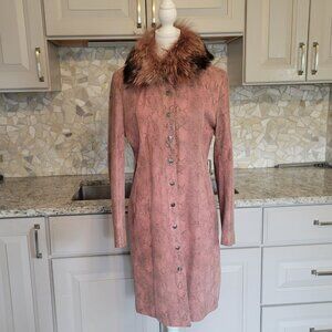 Bisou Bisou Pink Leather Coat with Attached Boa, Size Large, Vintage